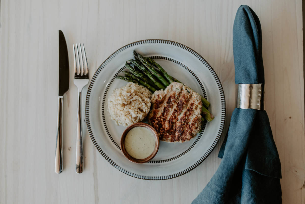 Turkey Zucchini Burger with Asparagus and Creamy Cilantro Ranch