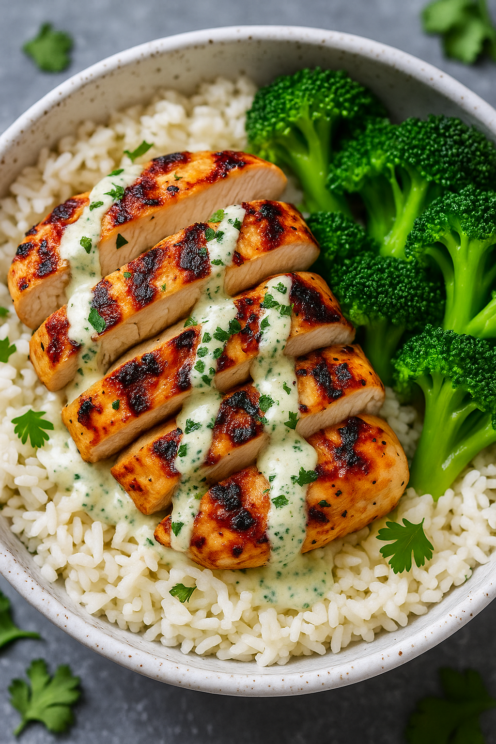 Grilled Chicken, Broccoli and Rice with Creamy Cilantro Sauce