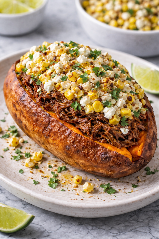 Barbacoa Stuffed Sweet Potato with Street Corn