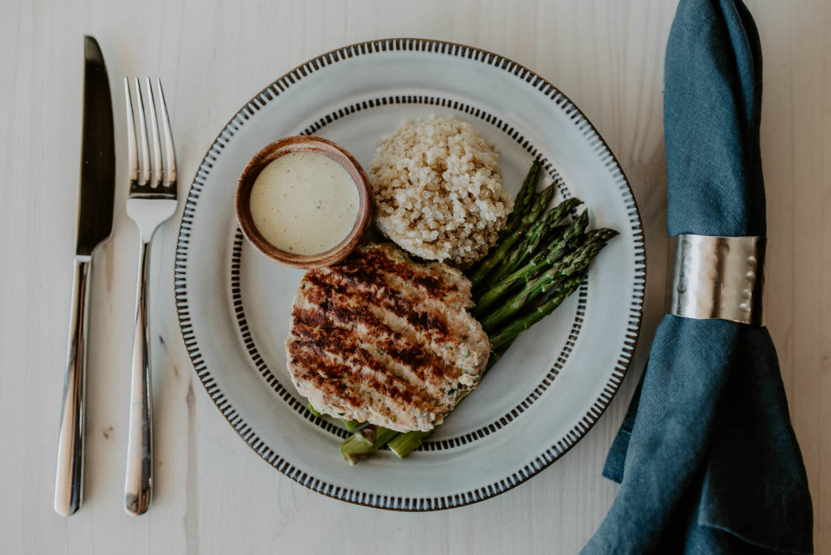 Turkey Zucchini Burger with Asparagus and Creamy Cilantro Ranch