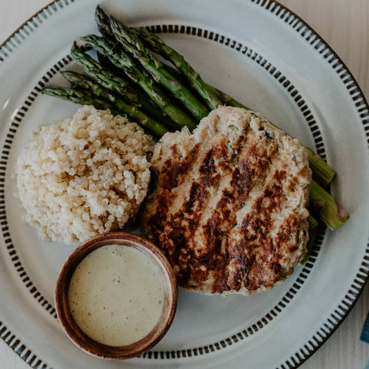 Turkey Zucchini Burger with Asparagus and Creamy Cilantro Ranch